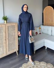 kemerli keten elbise