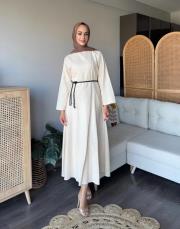 kemerli keten elbise