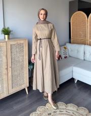 kemerli keten elbise